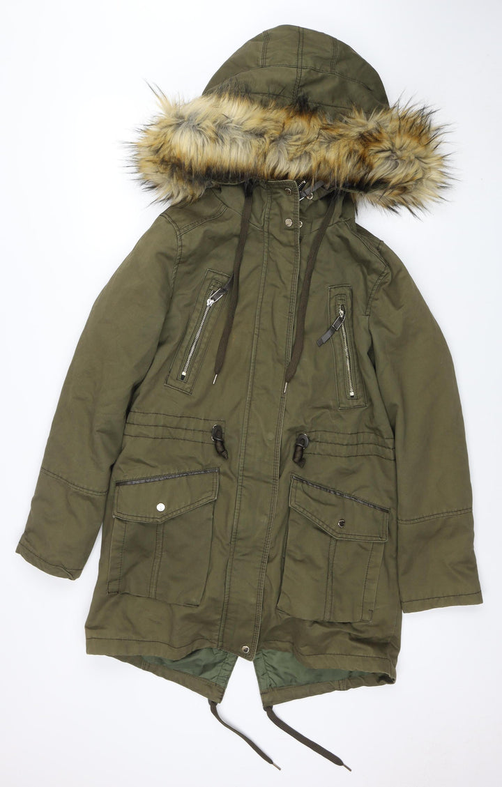 Bershka Women Green Faux Fur Hooded Parka Jacket Size 10
