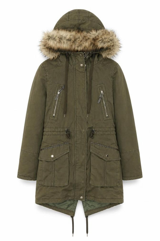 Front view of Bershka Women Green Faux Fur Hooded Parka Jacket, size 10