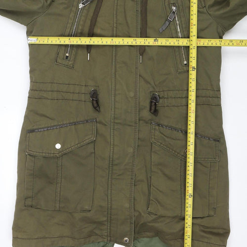 Bershka Women Green Faux Fur Hooded Parka Jacket Size 10