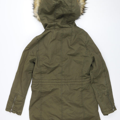 Bershka Women Green Faux Fur Hooded Parka Jacket Size 10
