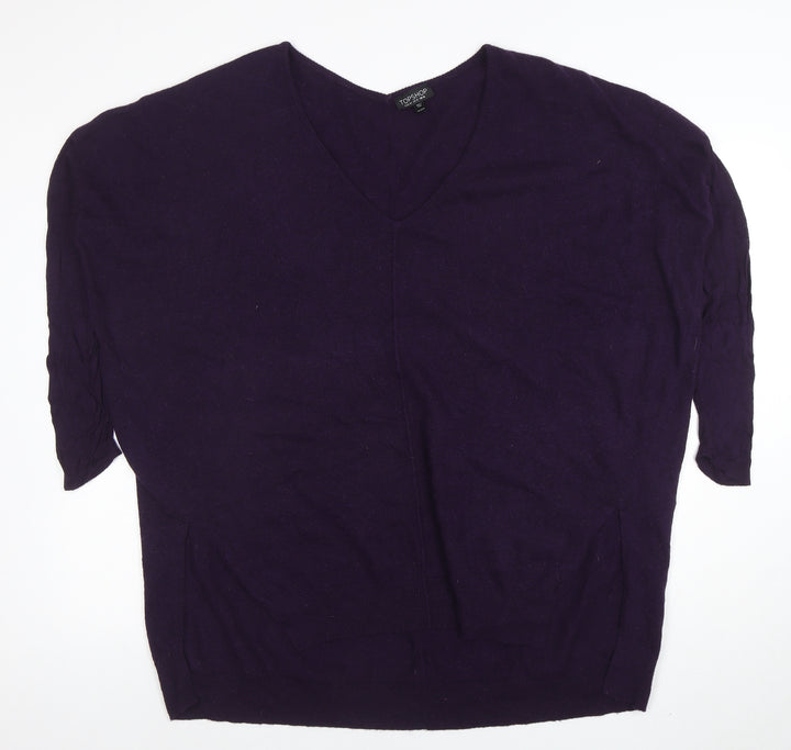 Topshop Women’s Purple V-Neck Relaxed Fit 3/4 Sleeve Knit Jumper Size 16