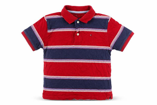 Front view of Tommy Hilfiger boys’ red striped cotton polo shirt 6 years classic fit
