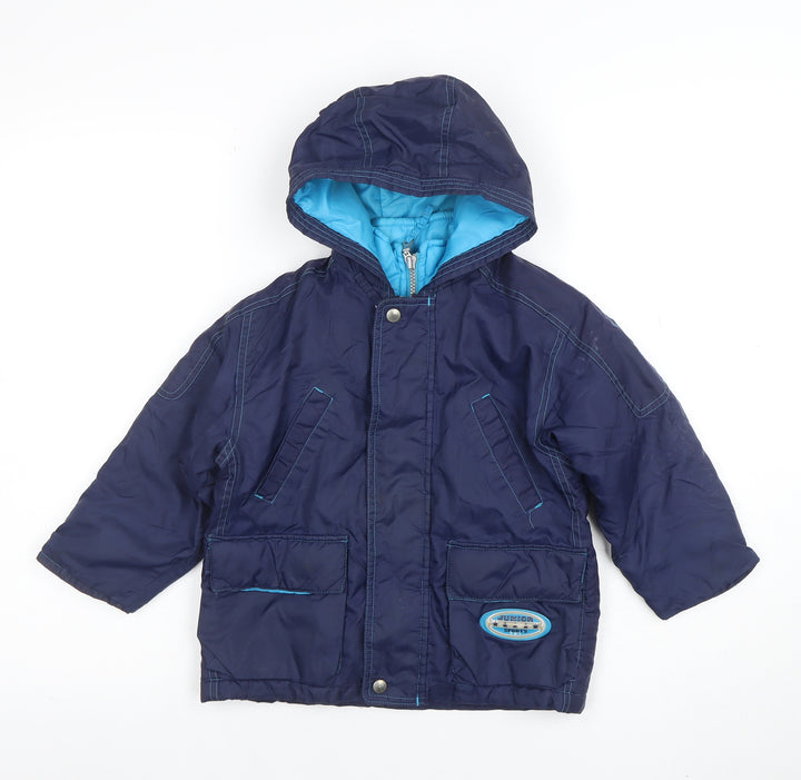 Mothercare Boys Blue Hooded Puffer Jacket 2-3 Years Waterproof Lined Coat