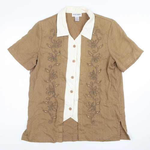 Alfred Dunner Womens Beige Short Sleeve Embroidered Linen Blend Blouse Size 10