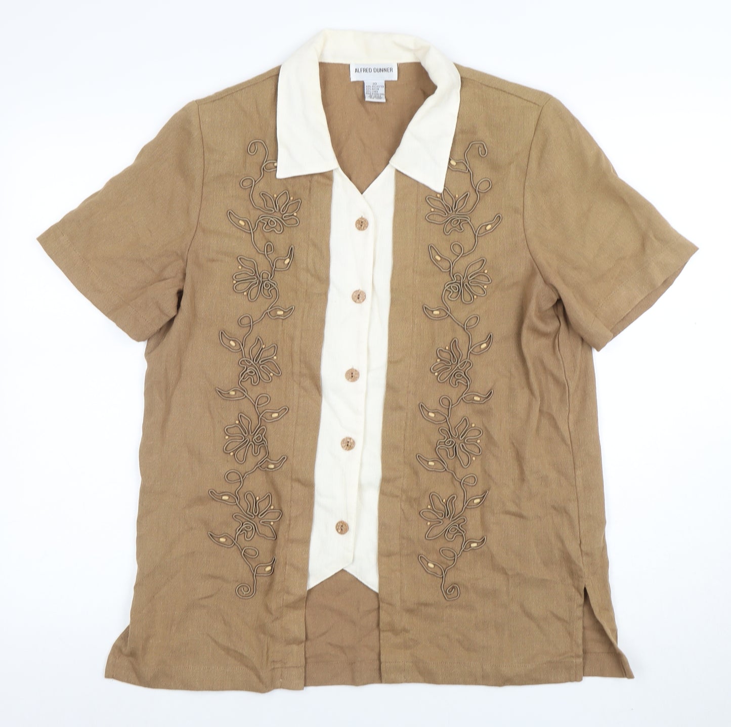 Alfred Dunner Womens Beige Short Sleeve Embroidered Linen Blend Blouse Size 10