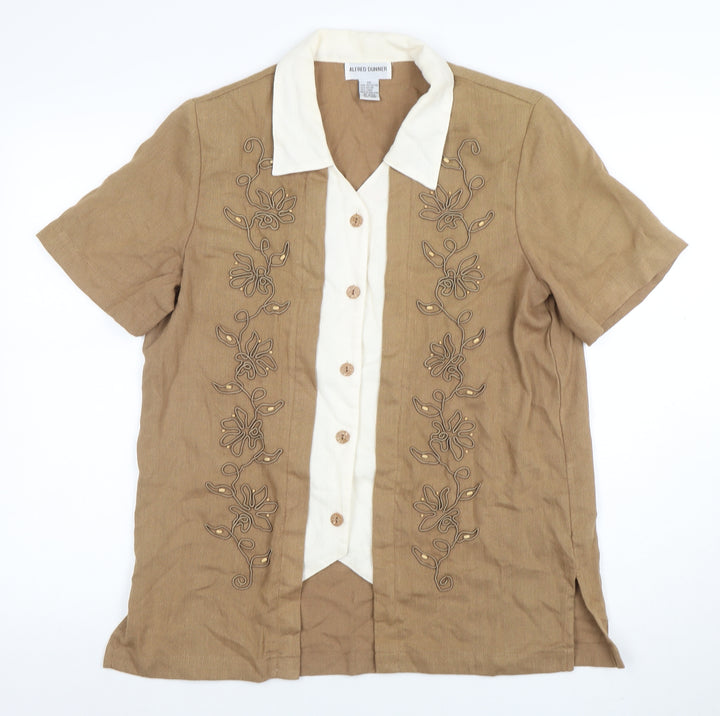 Alfred Dunner Womens Beige Short Sleeve Embroidered Linen Blend Blouse Size 10