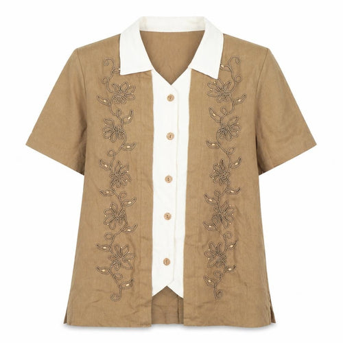 Alfred Dunner Womens Beige Short Sleeve Embroidered Linen Blend Blouse Size 10