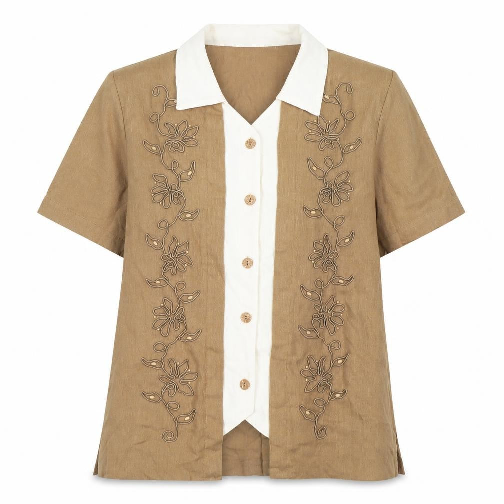 Alfred Dunner Womens Beige Short Sleeve Embroidered Linen Blend Blouse Size 10