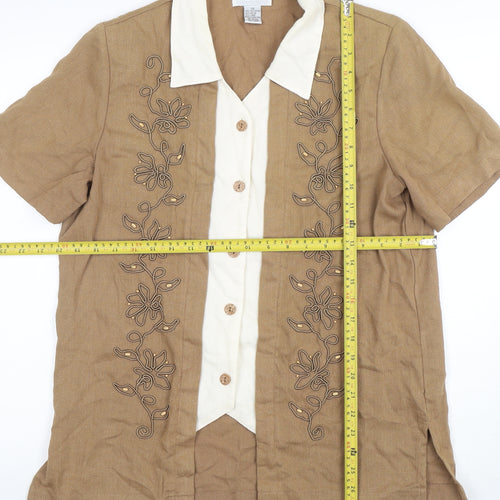 Alfred Dunner Womens Beige Short Sleeve Embroidered Linen Blend Blouse Size 10