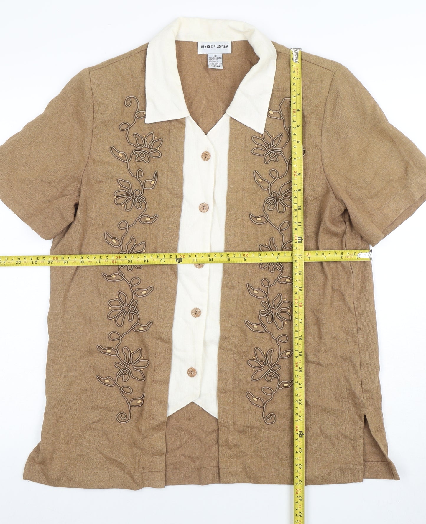 Alfred Dunner Womens Beige Short Sleeve Embroidered Linen Blend Blouse Size 10