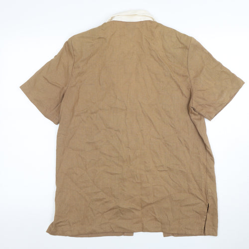 Alfred Dunner Womens Beige Short Sleeve Embroidered Linen Blend Blouse Size 10