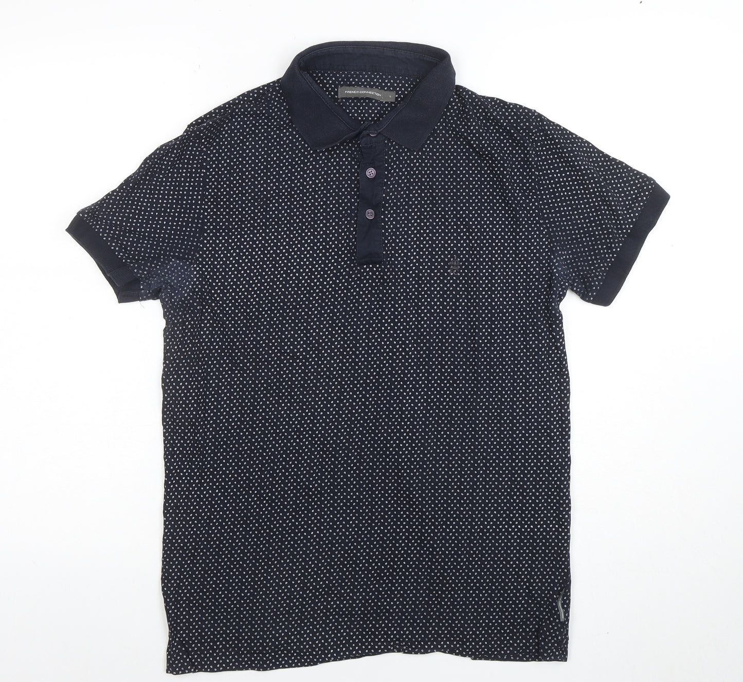 French Connection Men's Navy Polka Dot Cotton Polo Shirt Size L