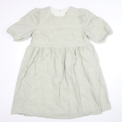 Oasis Women's Green Check A-Line Puff Sleeve Knee Length Dress Size 12