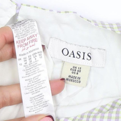 Oasis Women's Green Check A-Line Puff Sleeve Knee Length Dress Size 12
