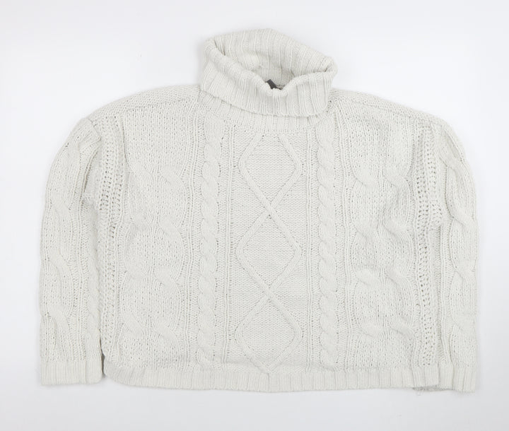 Primark Women's White Roll Neck Cable-Knit Pullover Jumper Size M