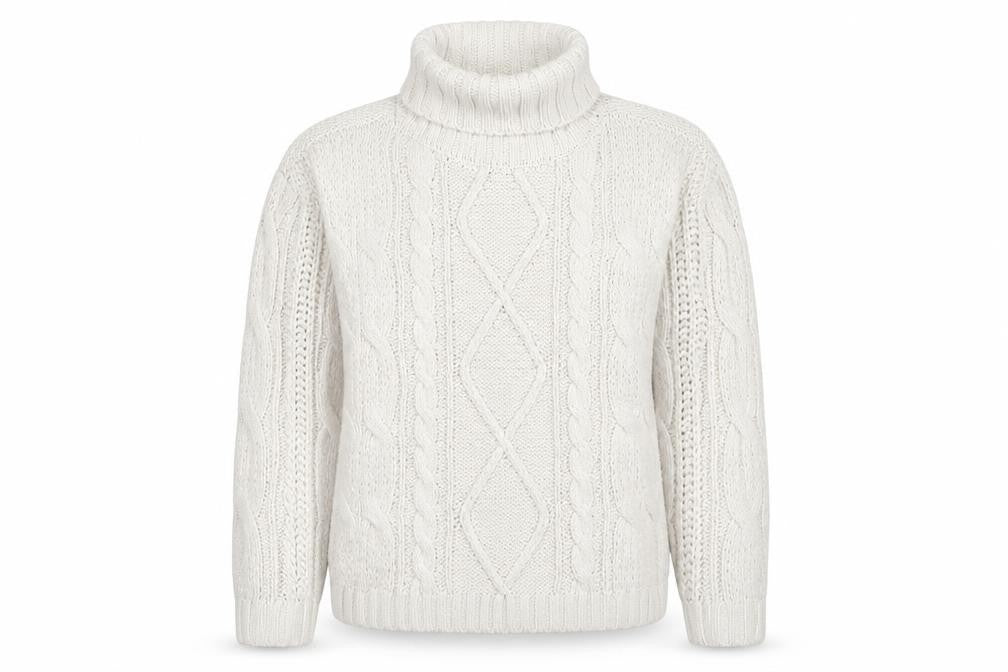 Front view of Primark Women's White Roll Neck Cable-Knit jumper, size M
