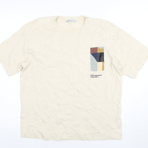 ZARA Men’s Beige Graphic Art Cotton T-Shirt Size L Regular Fit