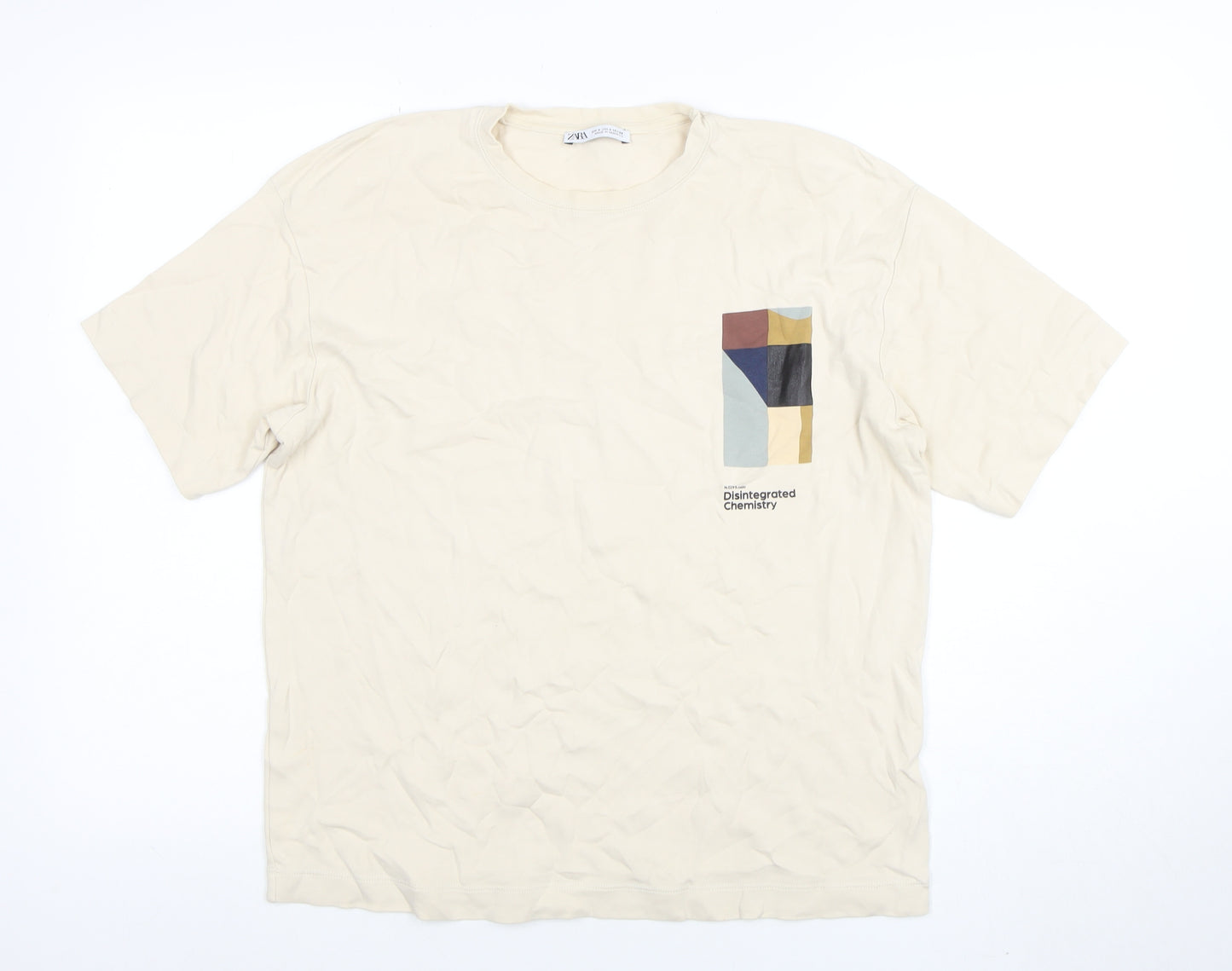 ZARA Men’s Beige Graphic Art Cotton T-Shirt Size L Regular Fit
