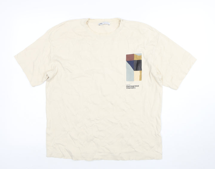 ZARA Men’s Beige Graphic Art Cotton T-Shirt Size L Regular Fit