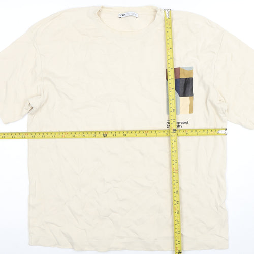 ZARA Men’s Beige Graphic Art Cotton T-Shirt Size L Regular Fit