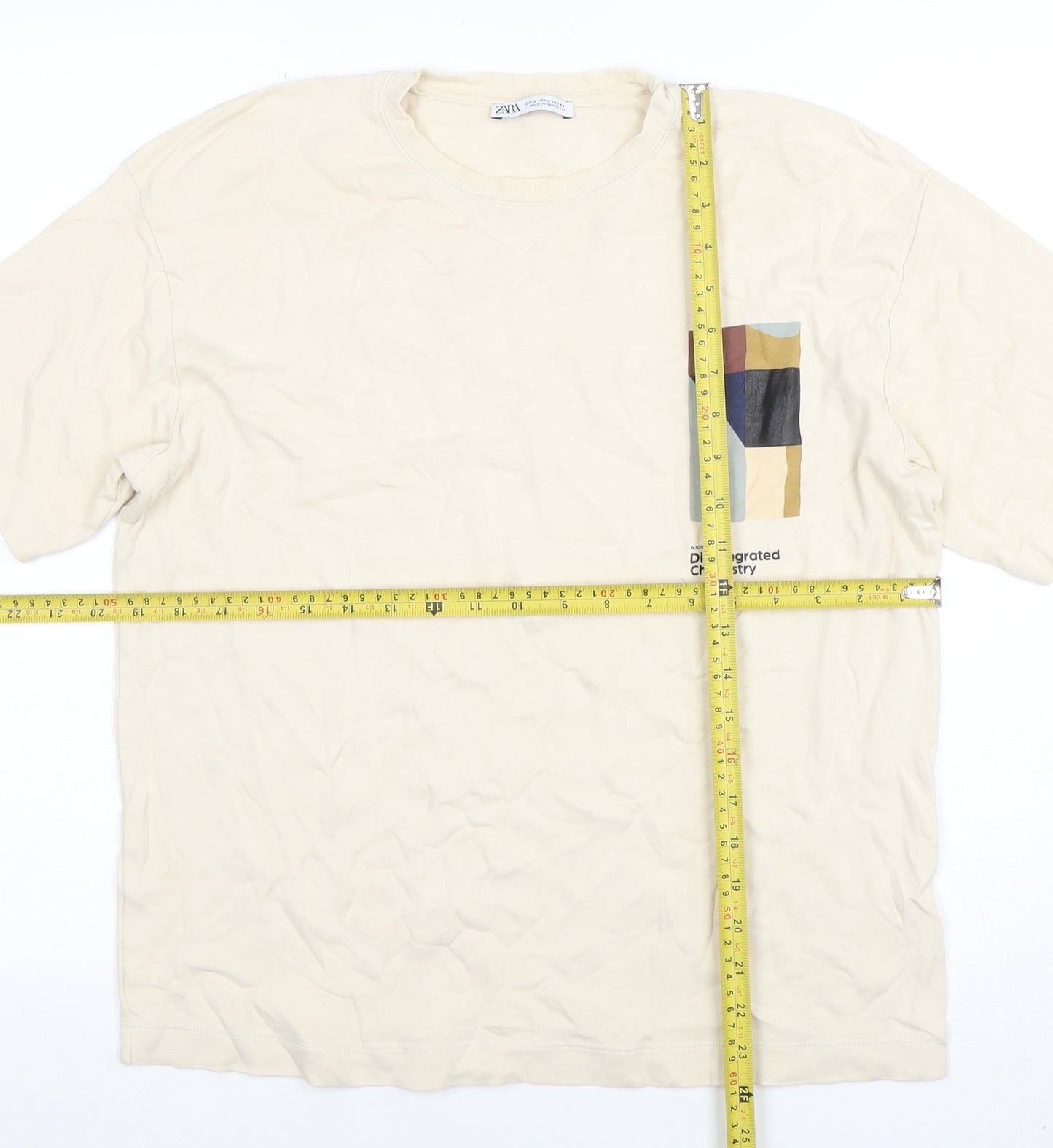 ZARA Men’s Beige Graphic Art Cotton T-Shirt Size L Regular Fit