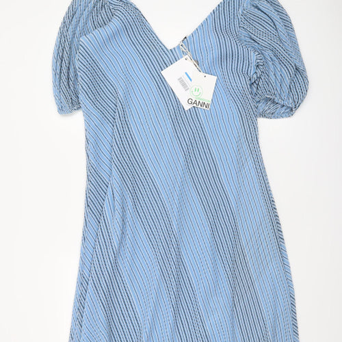 GANNI Women’s Blue Striped V-Neck Puff Sleeve A-Line Dress Size 12