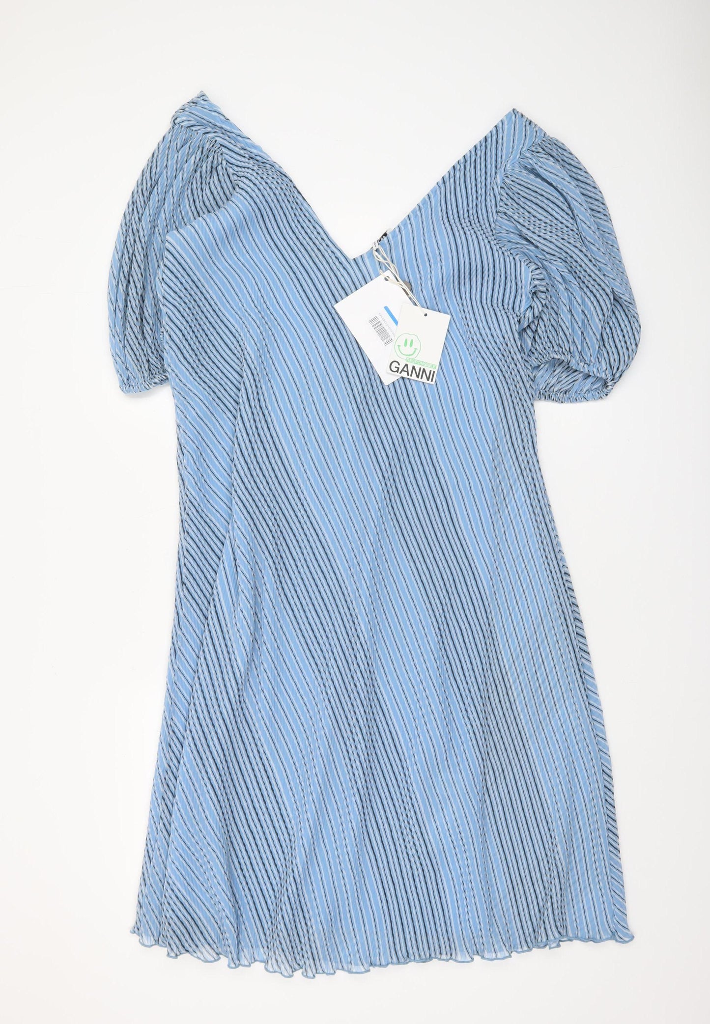 GANNI Women’s Blue Striped V-Neck Puff Sleeve A-Line Dress Size 12