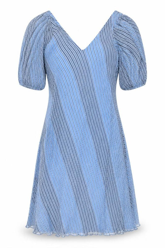 GANNI Women’s Blue Striped V-Neck Puff Sleeve A-Line Dress Size 12