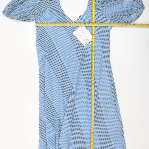 GANNI Women’s Blue Striped V-Neck Puff Sleeve A-Line Dress Size 12
