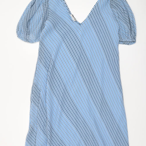 GANNI Women’s Blue Striped V-Neck Puff Sleeve A-Line Dress Size 12