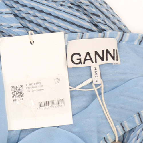 GANNI Women’s Blue Striped V-Neck Puff Sleeve A-Line Dress Size 12