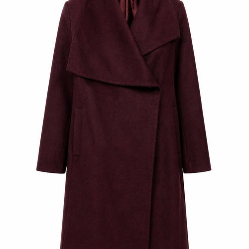 ASOS Women Burgundy Wool Blend Long Coat Size 12 Elegant Draped Style