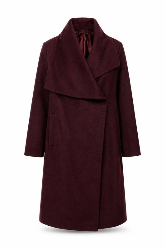 Front view of ASOS Women Burgundy Wool Blend Long Coat, size 12, Elegant Draped Style