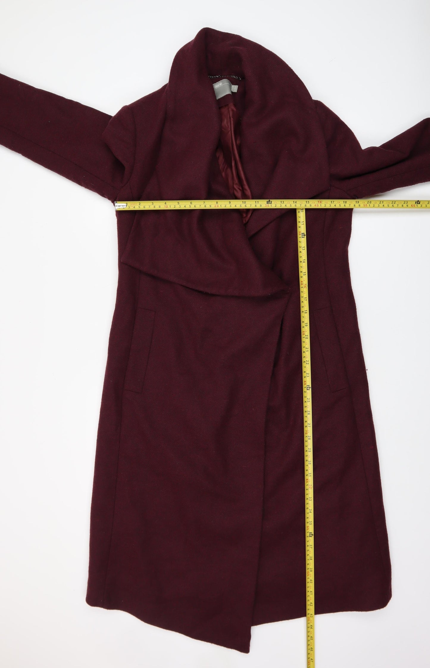 ASOS Women Burgundy Wool Blend Long Coat Size 12 Elegant Draped Style