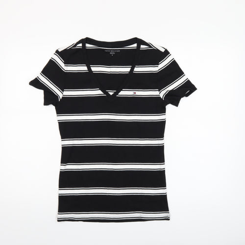 Tommy Hilfiger Women Black Striped V-Neck Cotton T-Shirt M
