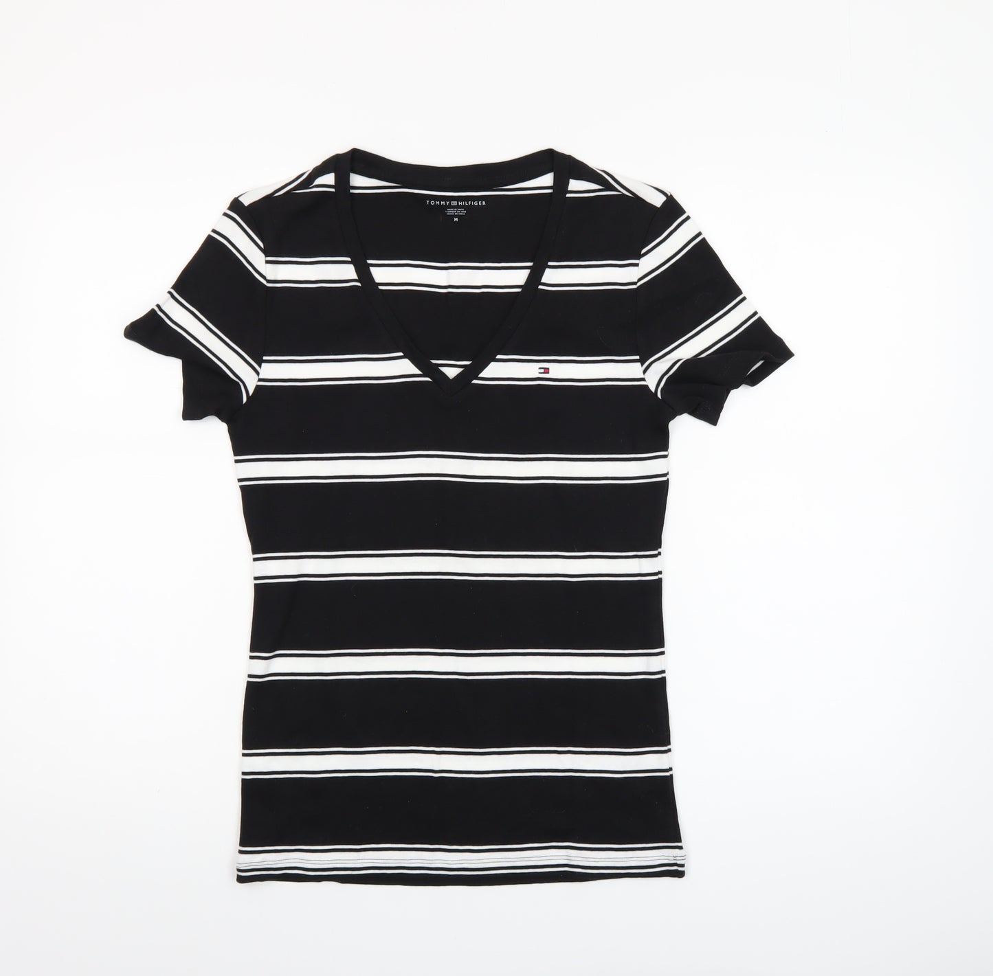 Tommy Hilfiger Women Black Striped V-Neck Cotton T-Shirt M
