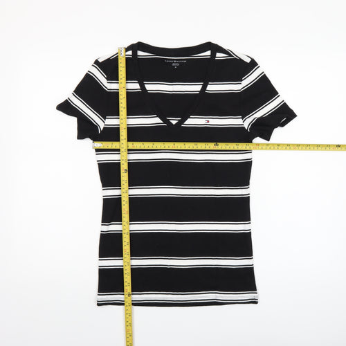 Tommy Hilfiger Women Black Striped V-Neck Cotton T-Shirt M