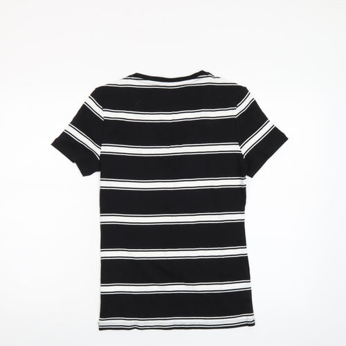 Tommy Hilfiger Women Black Striped V-Neck Cotton T-Shirt M