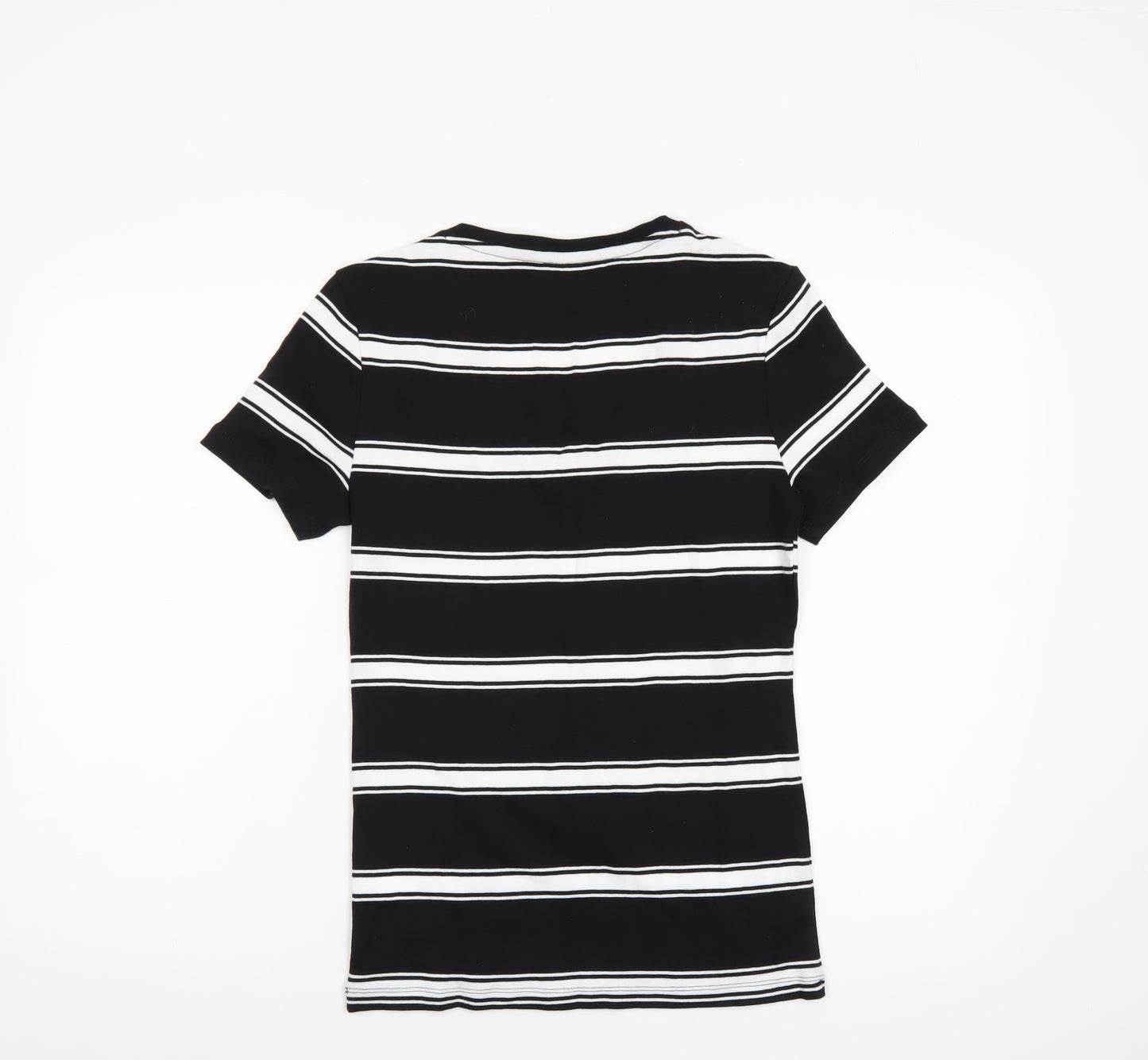 Tommy Hilfiger Women Black Striped V-Neck Cotton T-Shirt M