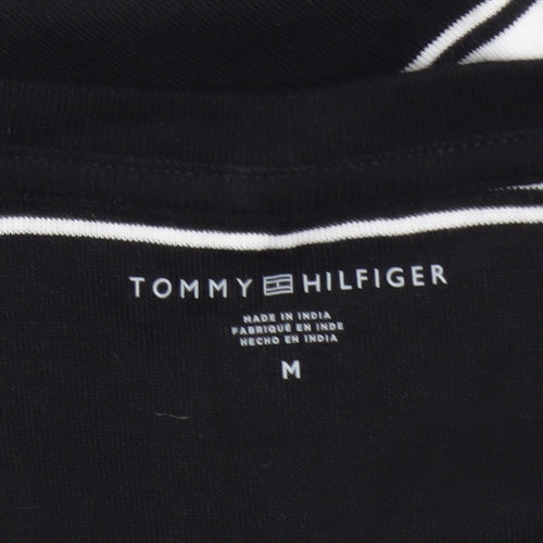 Tommy Hilfiger Women Black Striped V-Neck Cotton T-Shirt M