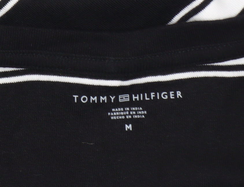 Tommy Hilfiger Women Black Striped V-Neck Cotton T-Shirt M