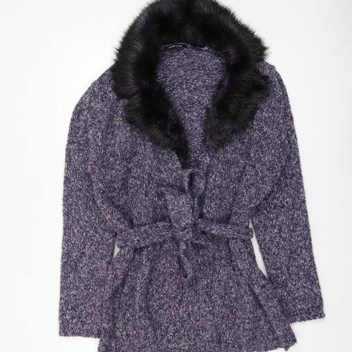St. Bernard Women’s Purple Fur Trim Belted Knit Cardigan Size 14-16