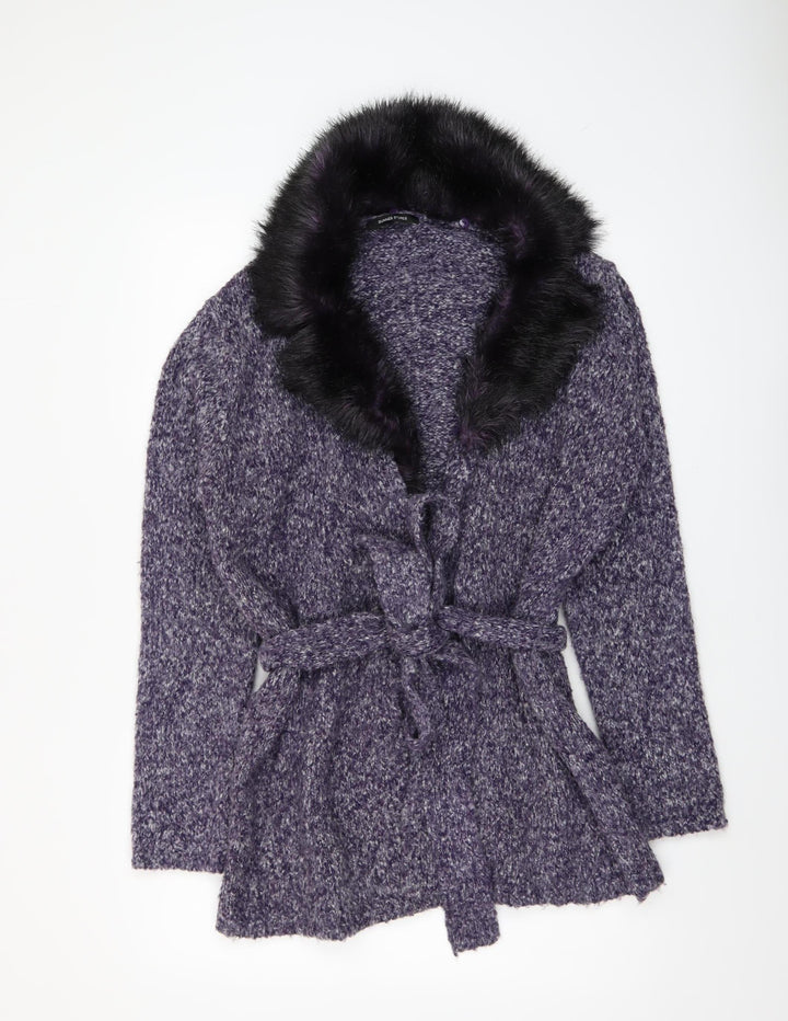 St. Bernard Women’s Purple Fur Trim Belted Knit Cardigan Size 14-16