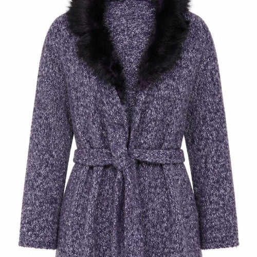 St. Bernard Women’s Purple Fur Trim Belted Knit Cardigan Size 14-16