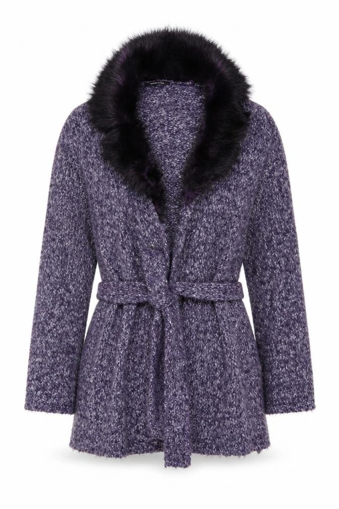 St. Bernard Women’s Purple Fur Trim Belted Knit Cardigan Size 14-16