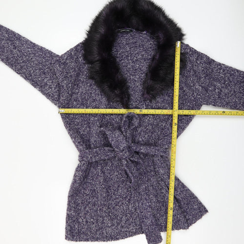St. Bernard Women’s Purple Fur Trim Belted Knit Cardigan Size 14-16