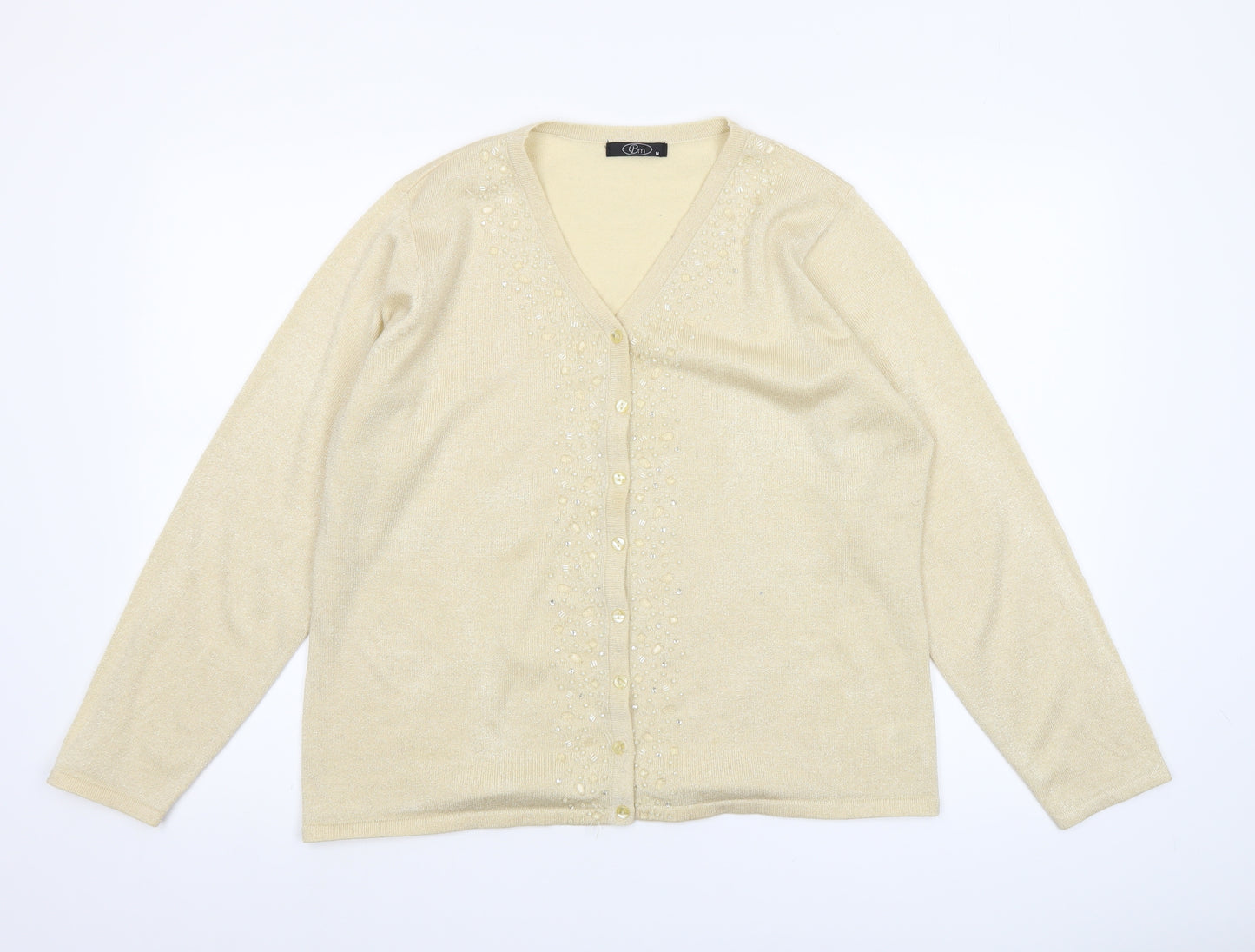Bm Women’s Beige Beaded V-Neck Cardigan M Knit Lightweight