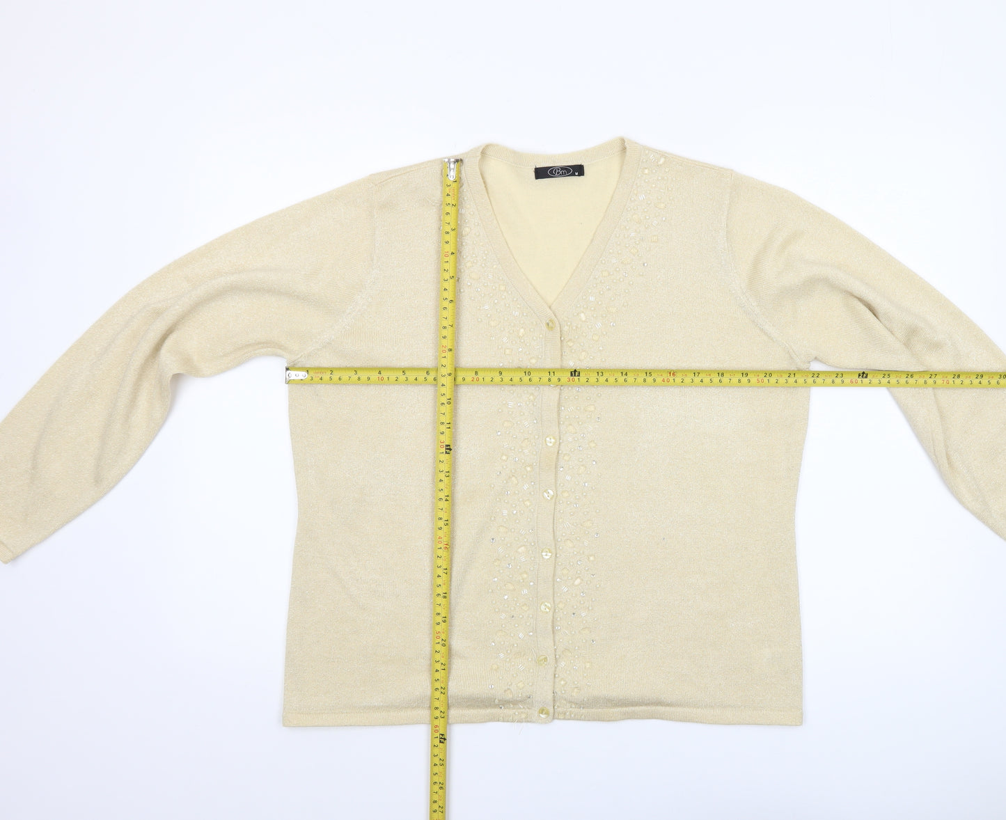 Bm Women’s Beige Beaded V-Neck Cardigan M Knit Lightweight
