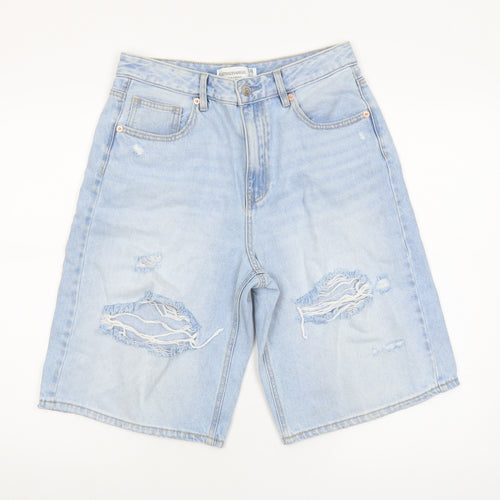 Stradivarius Women's Blue Distressed Denim Bermuda Shorts UK 10