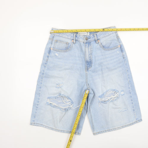Stradivarius Women's Blue Distressed Denim Bermuda Shorts UK 10